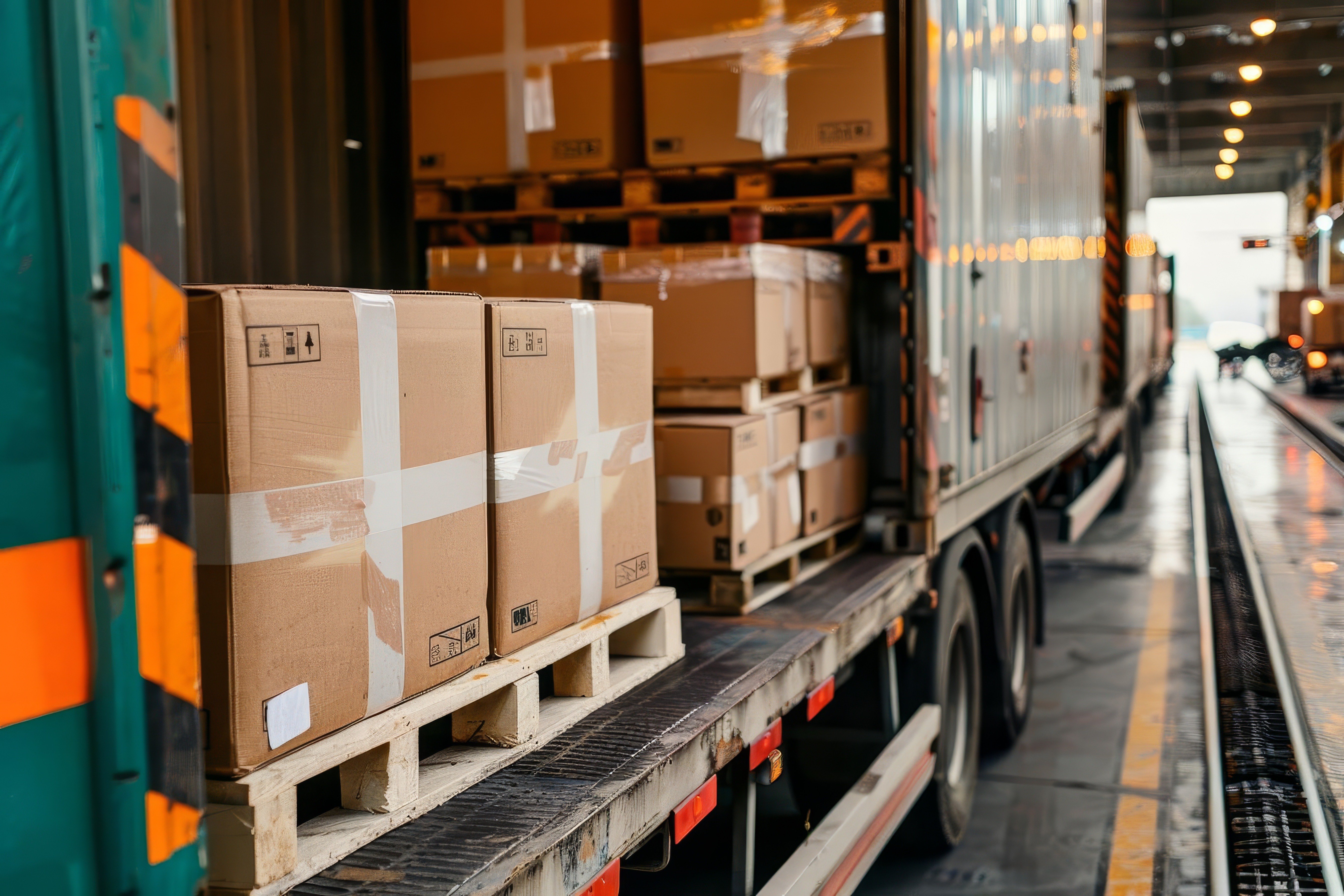 Cardboard boxes stacked on wooden pallets inside a semi truck trailer at a loading dock.