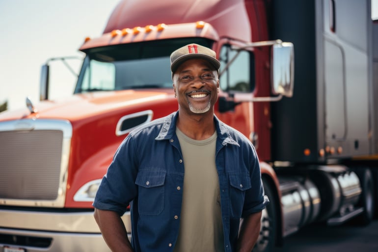 Man smiling in front of his semi truck